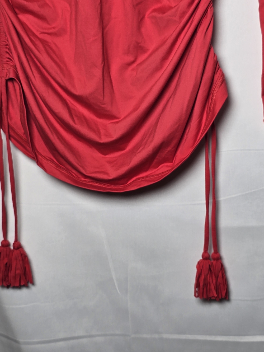 J. Crew Red Long-Sleeve Rashguard Ruched Side Drawstring Pompom Top Beach Sz L - Picture 2 of 8